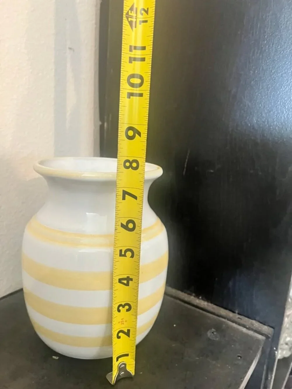 Vintage White and Yellow Striped Ceramic Pitcher/Vase